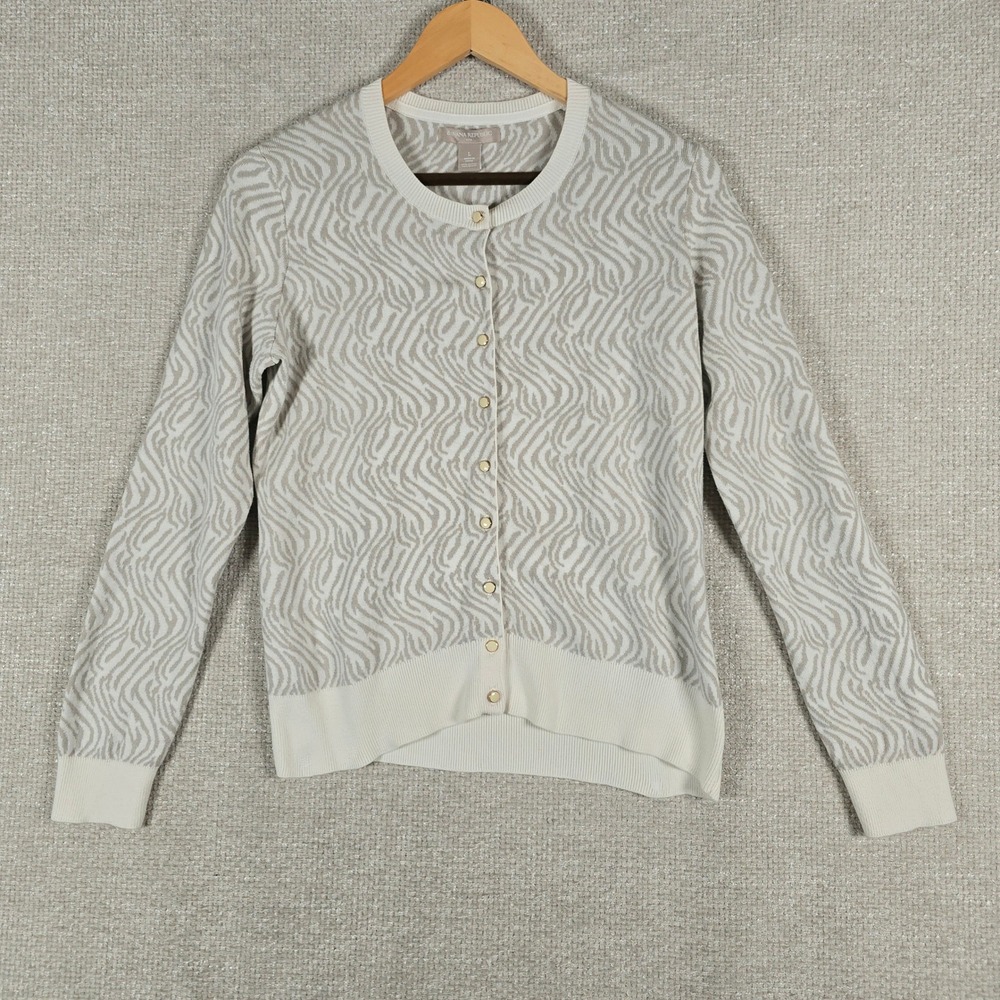 Banana Republic Womens Zebra Print Cardigan Sweater Cream Taupe Size L Button Up